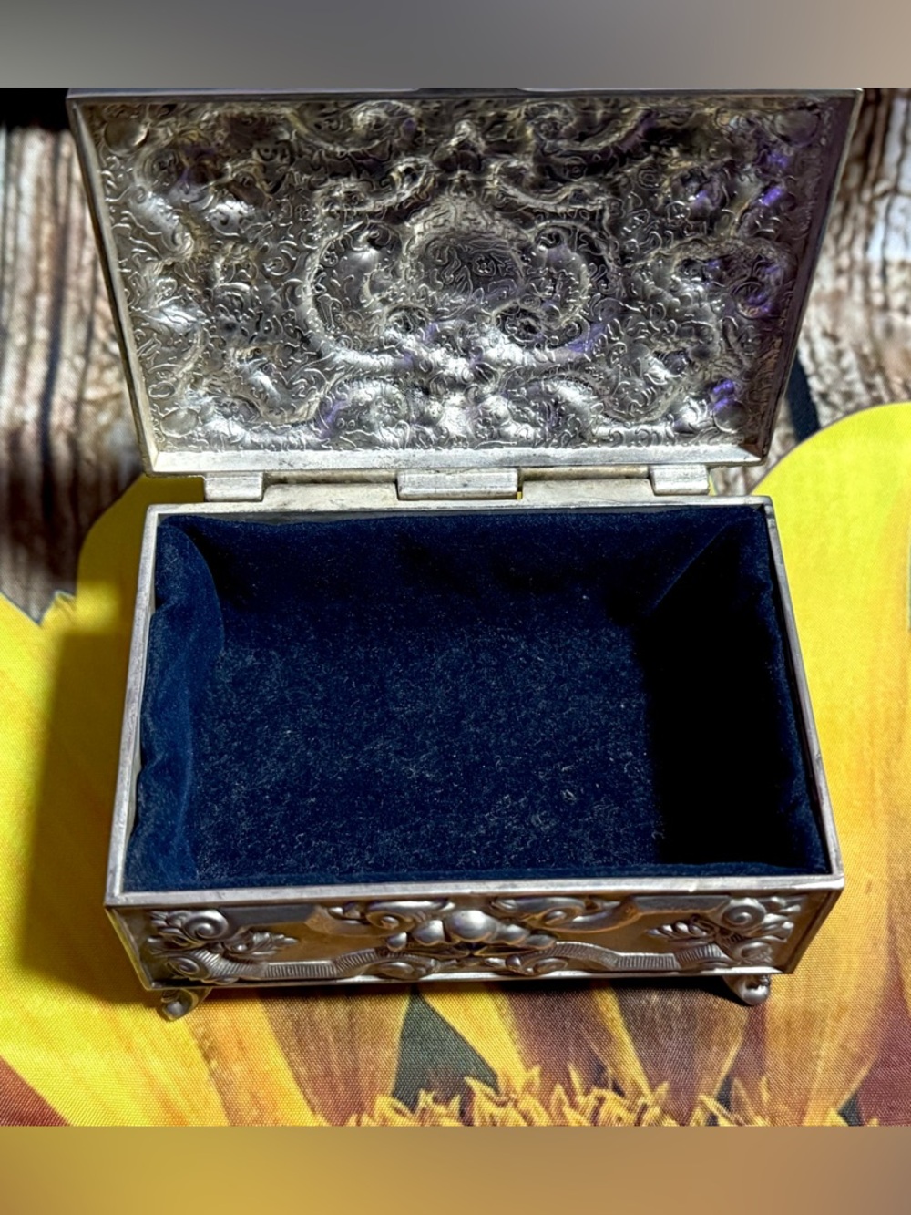 Vintage Art Nouveau Style Silver Plated Jewerly Box Trinket Box Blue Velvet - Picture 6 of 15